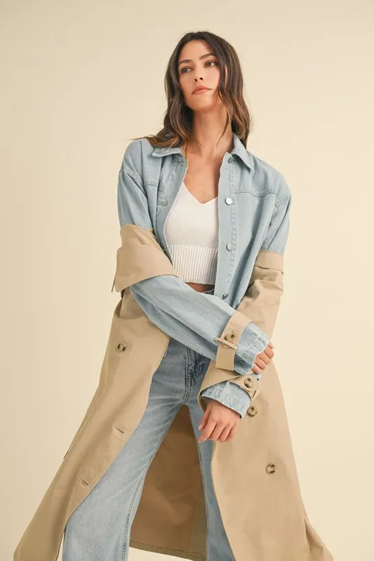 Layered Look Trench Coat With Denim Jacket