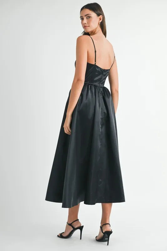 Solid Taffeta Spaghetti Strap Bustier Midi Dress