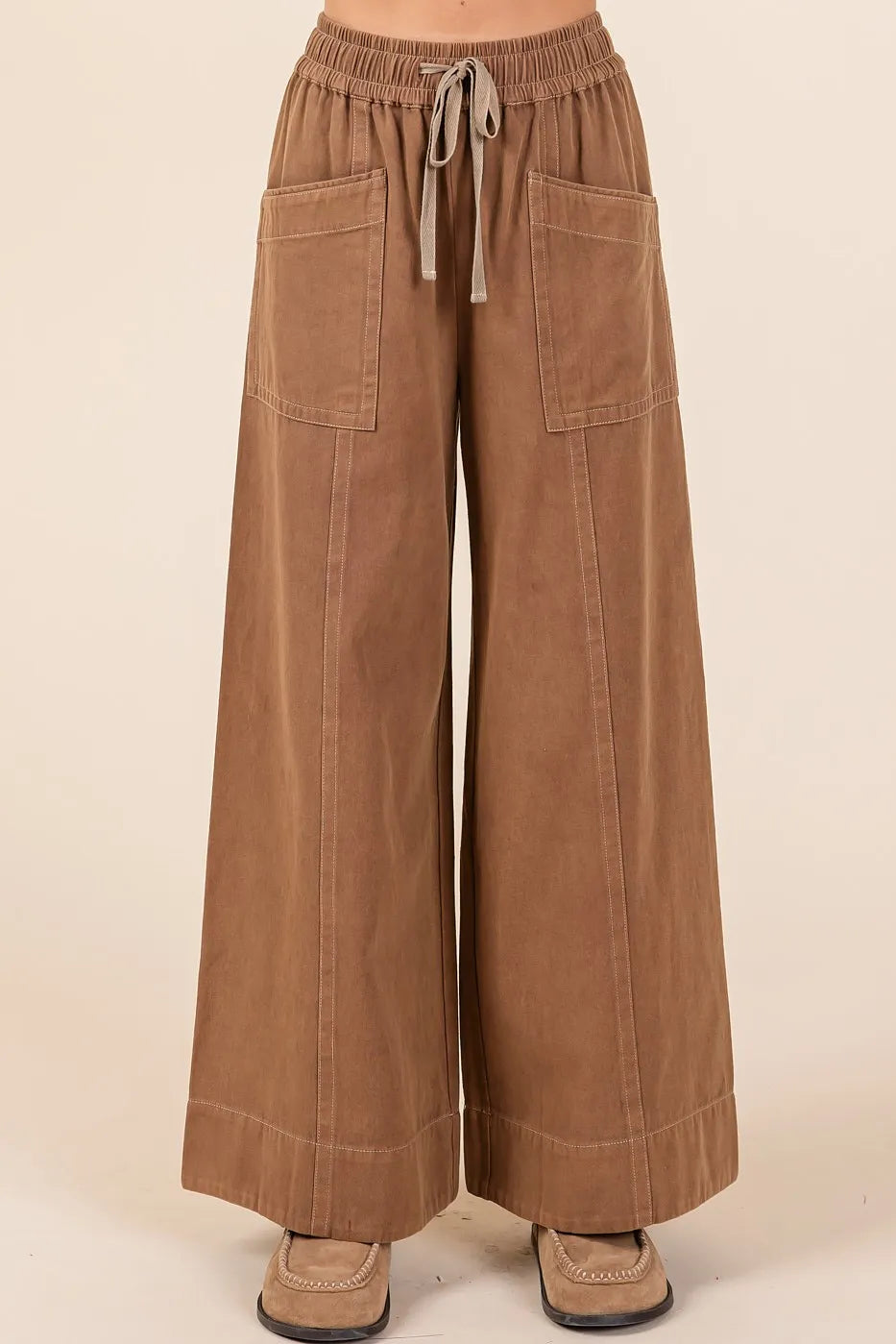 Mineral Wash Wide Leg Elastic Waist Twill Pants