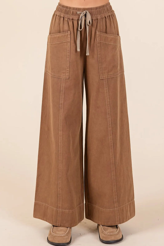 Mineral Wash Wide Leg Elastic Waist Twill Pants