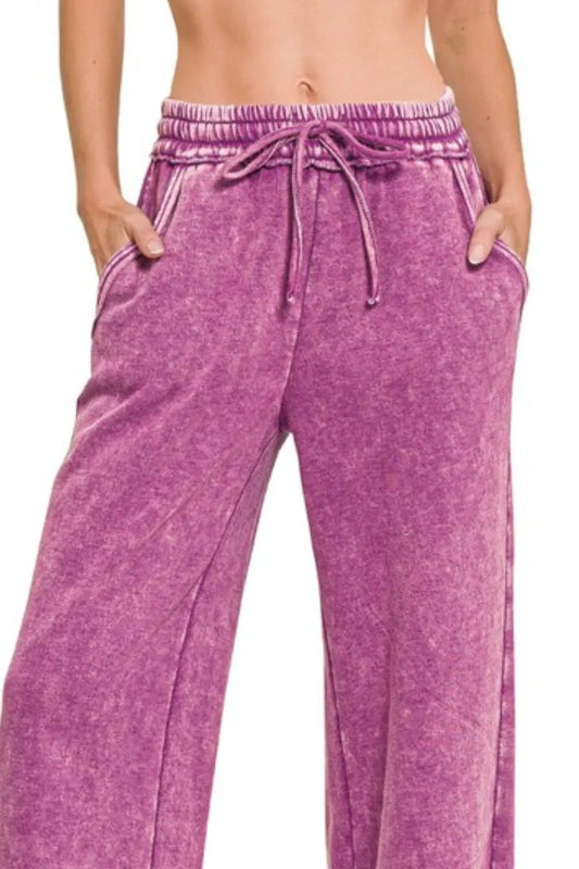 Acid Wash Fleece Palazzo Sweatpants with Pockets
