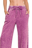 Acid Wash Fleece Palazzo Sweatpants with Pockets