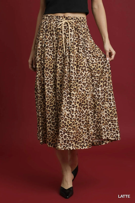 Leopard Print A-Line Midi Skirt with Drawstring