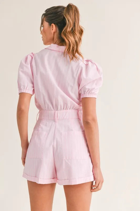 Striped Puff Sleeve Collared Neck Romper