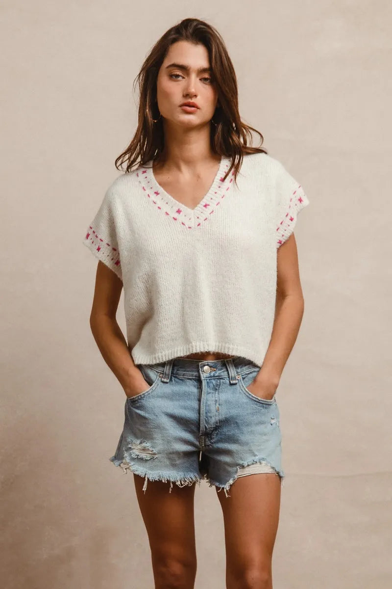 Knit Solid Contrast Stitch Detail Short Sleeves Sweater
