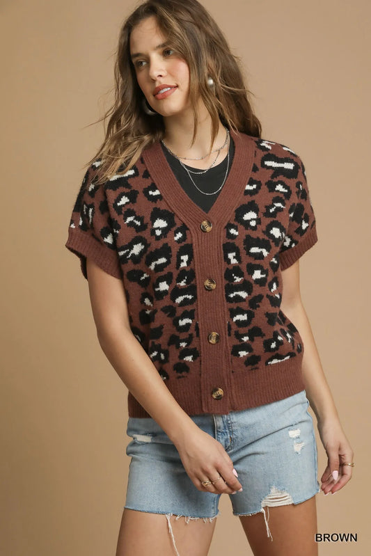 Animal Print Button-Up Short Sleeve Cardigan