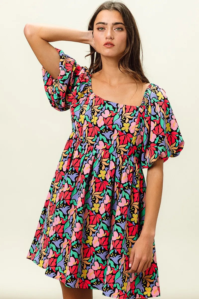 Tropical Blossom Puff Square Neck Dress