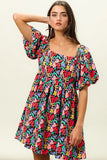Tropical Blossom Puff Square Neck Dress
