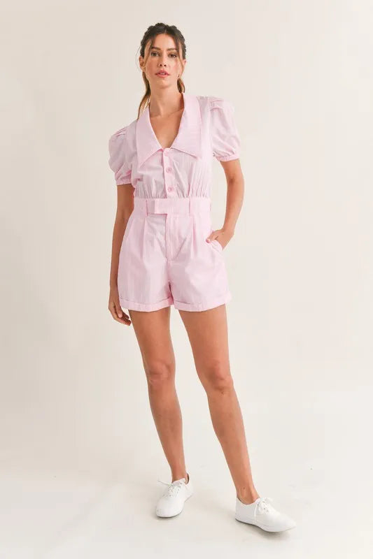 Striped Puff Sleeve Collared Neck Romper