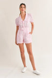 Striped Puff Sleeve Collared Neck Romper