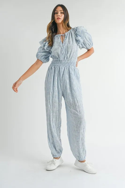 Eyelet Lace Ruffle Shoulder Jumpsuit