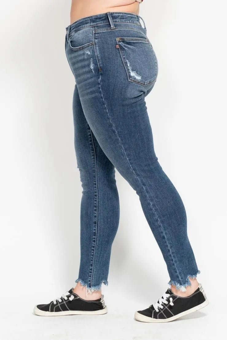 Plus Size High Waist Skinny with Destroy & Shark Bit Hem