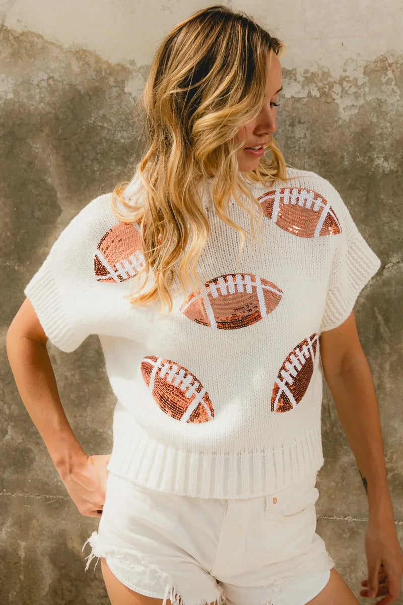 Football Patches Knit Pullover with Sequin Accents