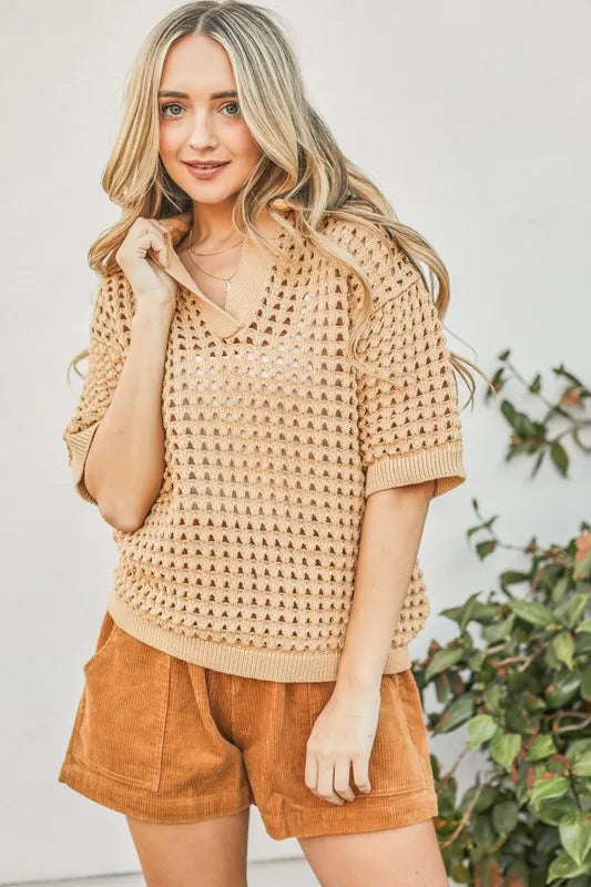 Hollow Out Polo Sweater Top