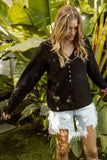 Button-Accent V-Neck Sweater with Distressed Design