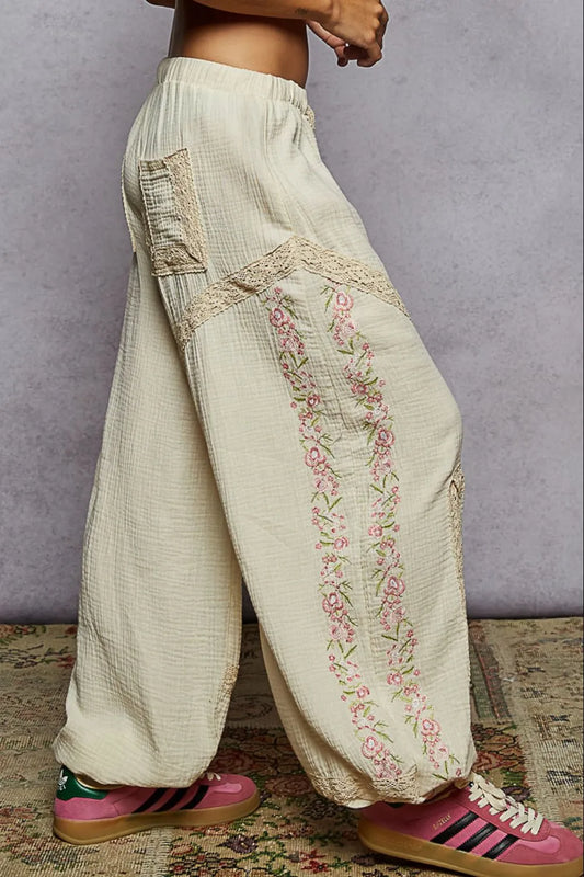 Embroidered Floral Joggers with Elegant Lace Detailing