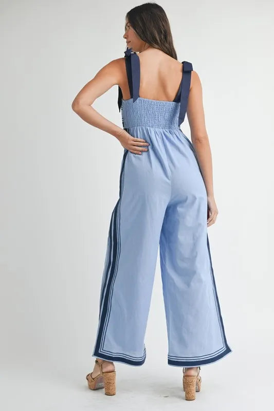 Linen Mix Chevron Sail Shoulder Strap Jumpsuit