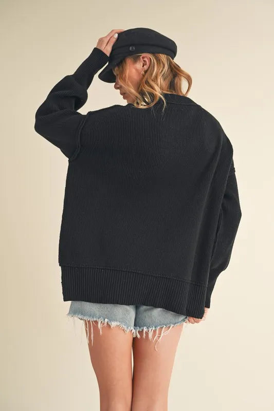 Ribbed Hem Side Slit Round Neck Sweater