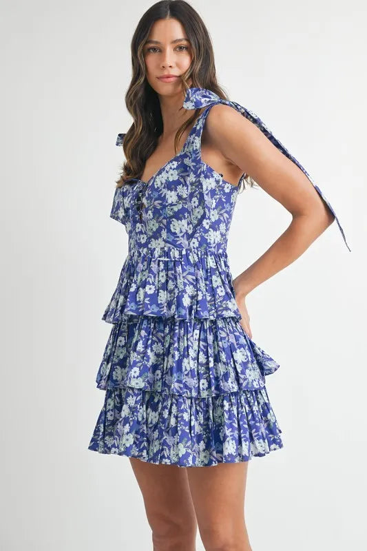 Floral Print Shoulder Tie Layered Mini Dress