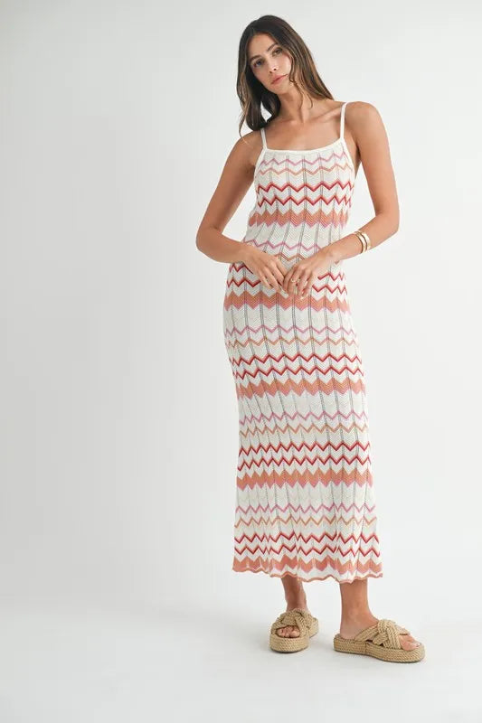 Lightweight Pointelle Chevron Knit Maxi Dress