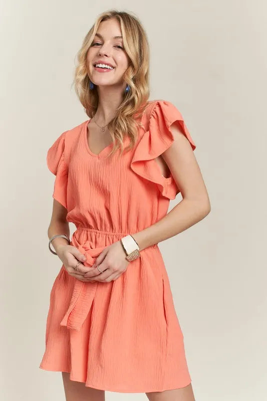 Ruffle Sleeves Romper with Pockets