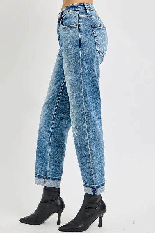 High Rise Ankle Boyfriend Distressed Jeans