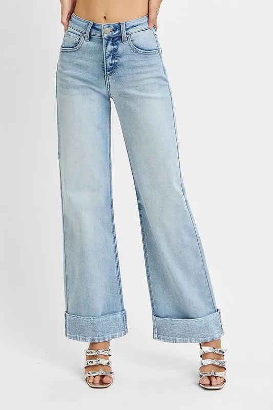 Full Size High Waist Ankle Wide Cuffed Jeans