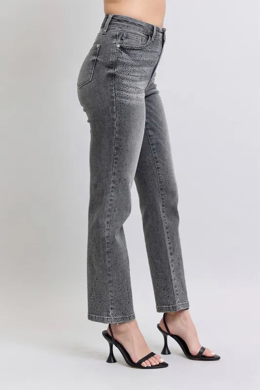 Full Size High Waist Rhinestone Straight Jeans Plus Size