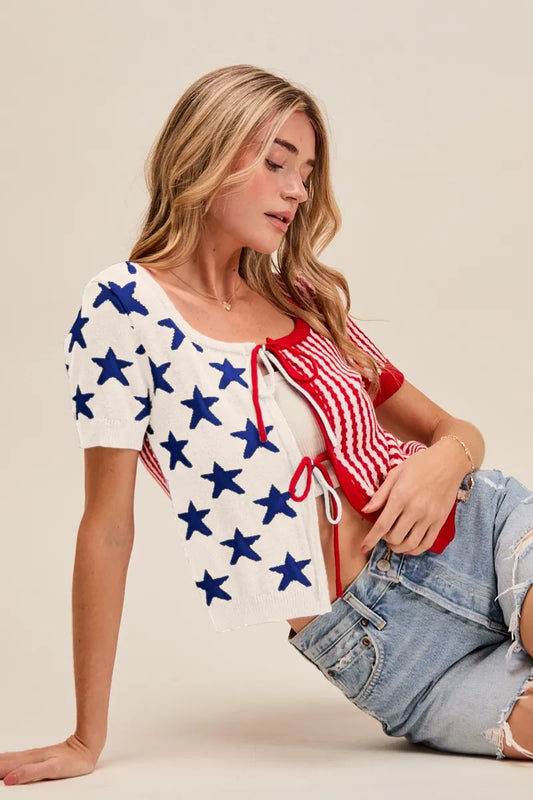 Patriotic Pattern Front Bow Tie Knit Cardigan