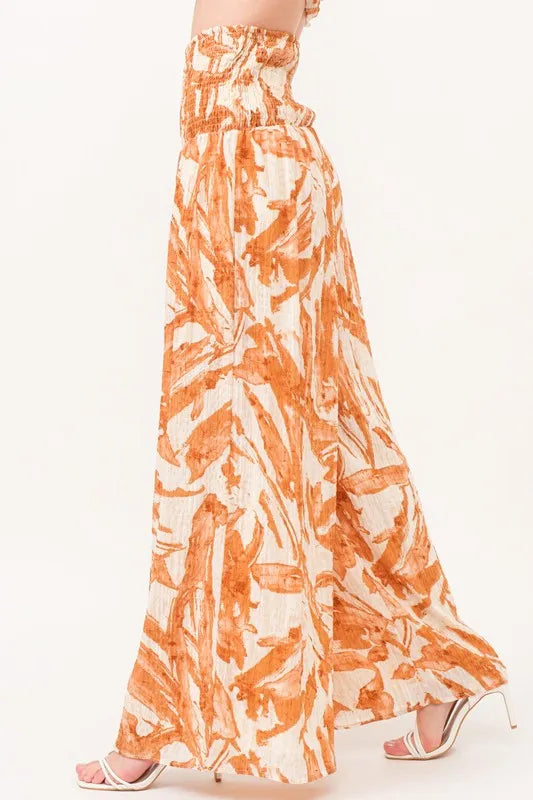 Smocked Tied Waist Abstract Print Wide Leg Pants
