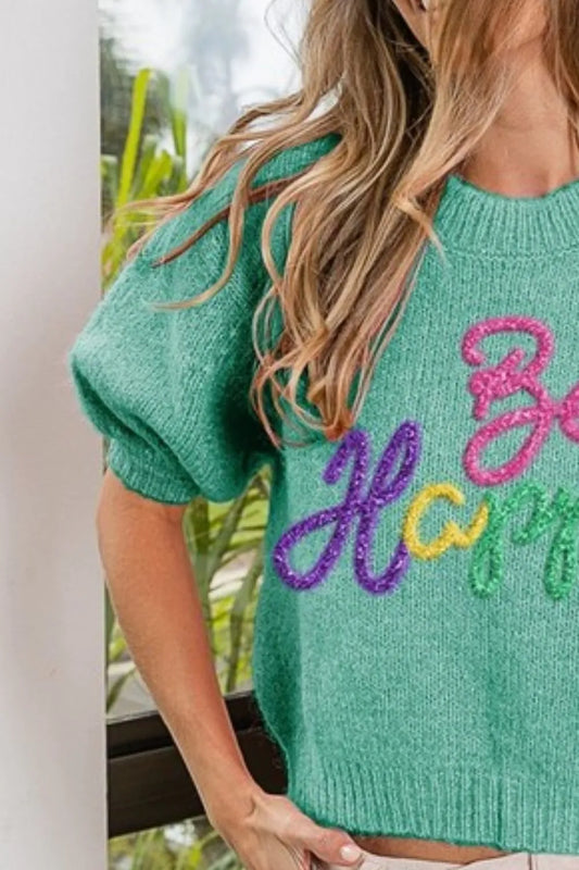 Metallic Letter Short Puff Sleeve Hairy Sweater