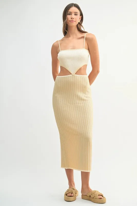 Ribbed Knit Color Block Cutout Midi Dress