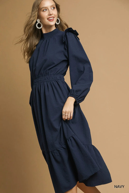 Ruffled Shoulder Midi Dress with Chic Textured Fabric