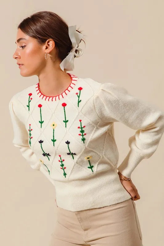 Small Flower Embroidered Sweater Top