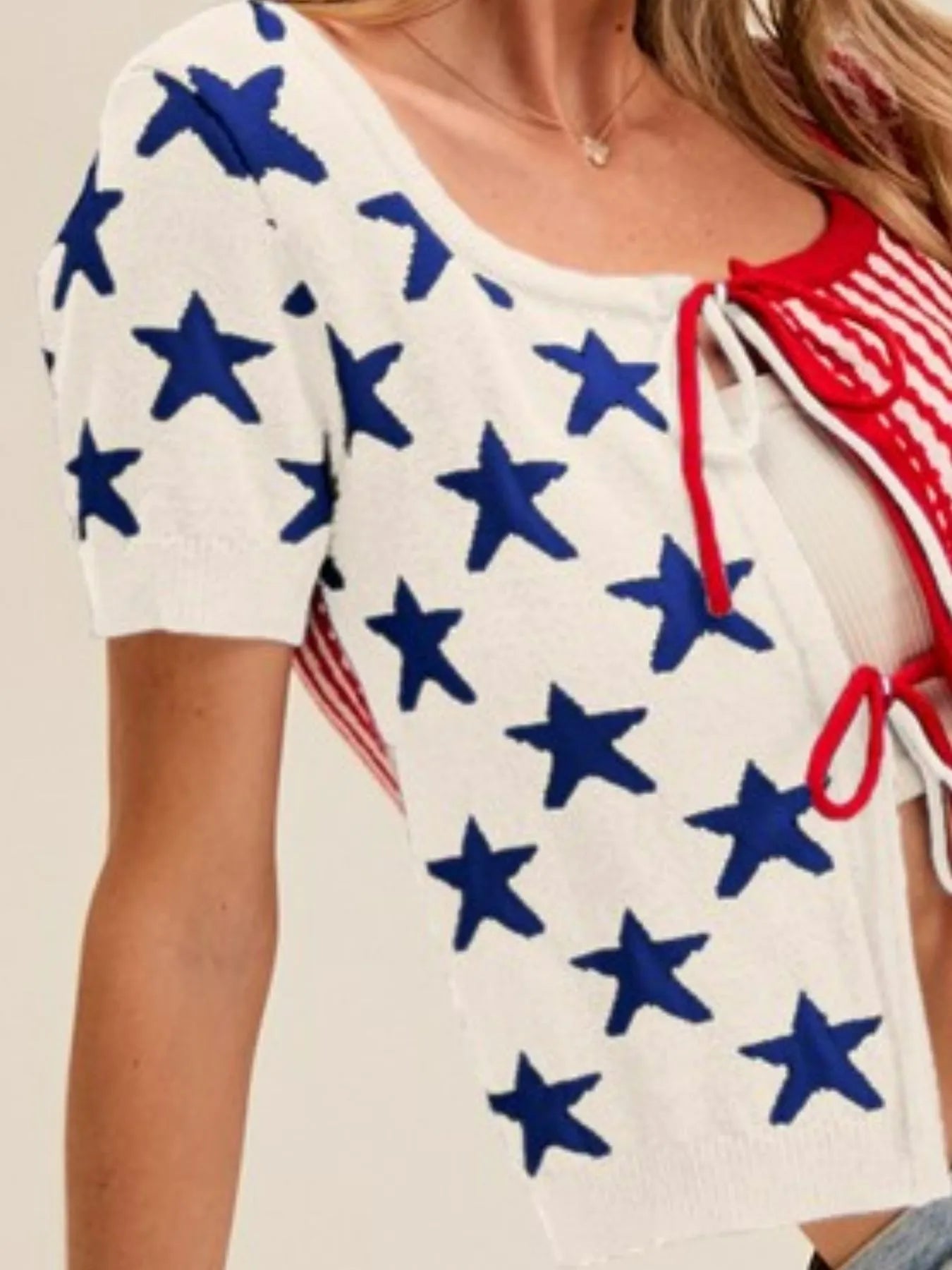 Patriotic Pattern Front Bow Tie Knit Cardigan