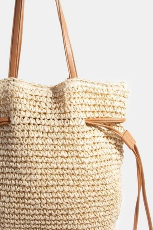 Faux Leather Straps Braided Tote Bag