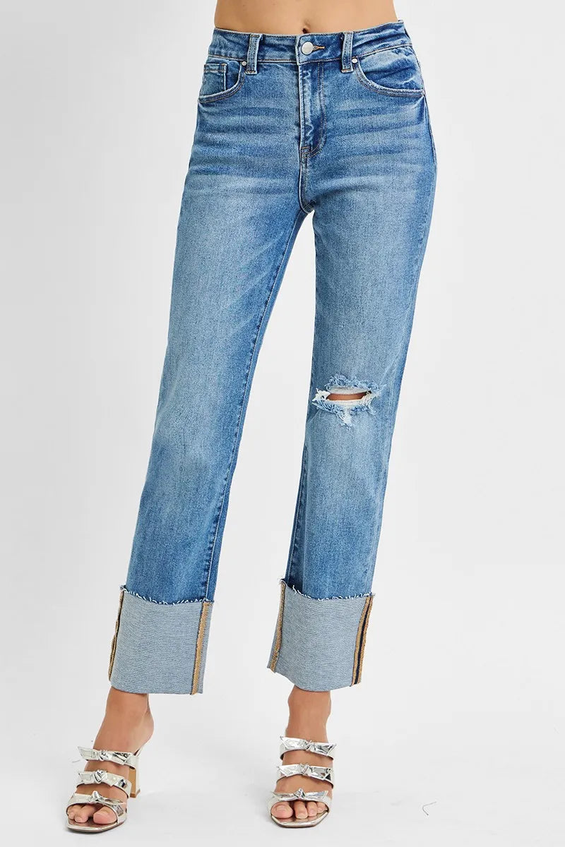 Full-Length High Waist Ankle Wide Cuff Jeans