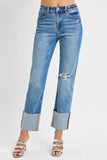 Full-Length High Waist Ankle Wide Cuff Jeans