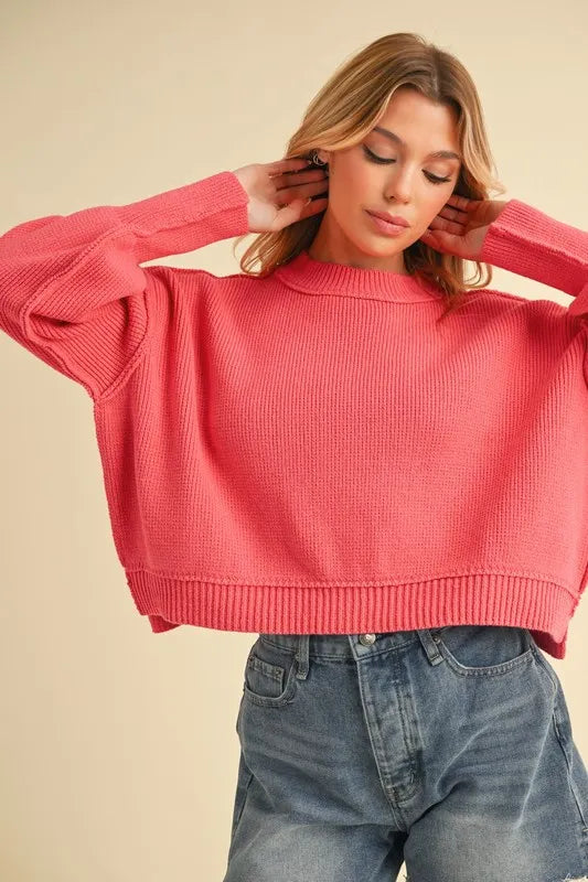 Ribbed Hem Exposed Seam Round Neck Sweater