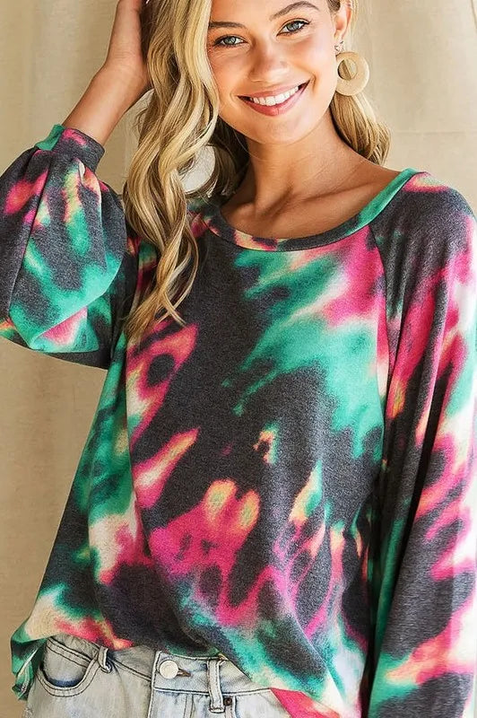 Tie Dye Print Terry Top with Puff Sleeves