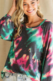 Tie Dye Print Terry Top with Puff Sleeves