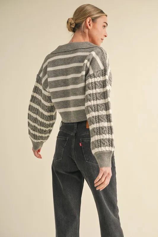 Pale Collared Striped Cropped Cable Knit Sweater