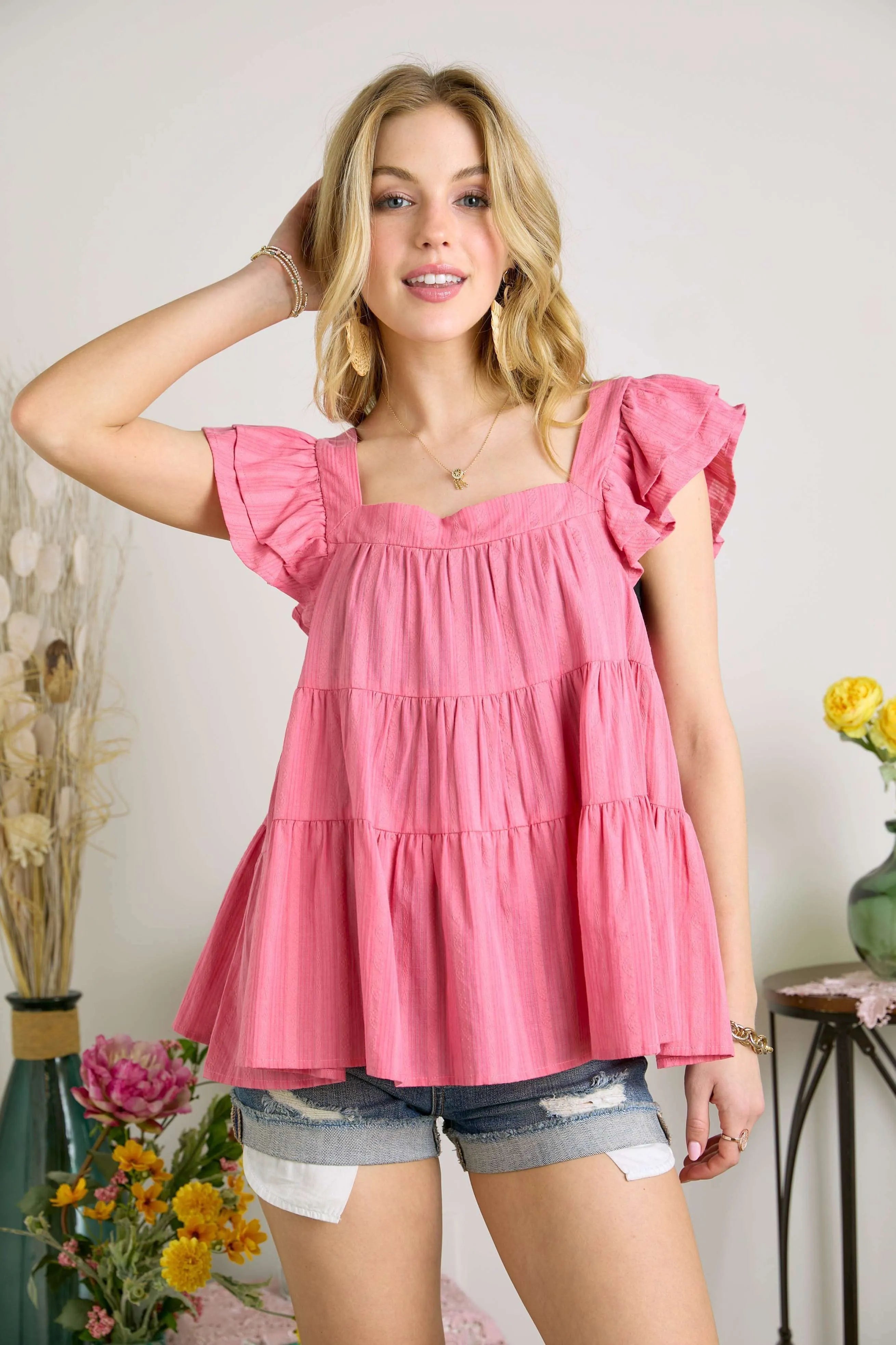 Ruffle Sleeve Babydoll Tunic Top
