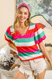 Multi Stripe Color Print Puff Sleeves V Neck Top