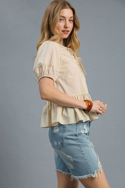 Lace-Up Peplum Puff Sleeve Top