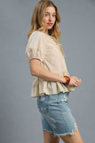 Lace-Up Peplum Puff Sleeve Top
