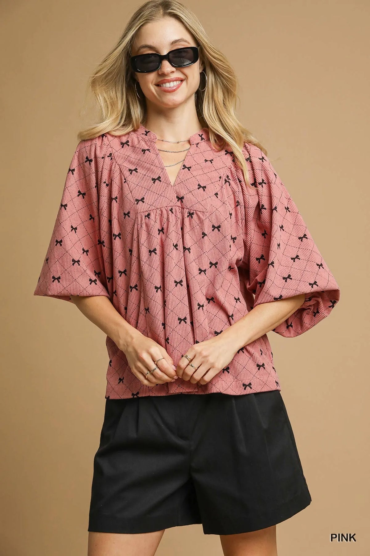 Bow Print Corduroy Balloon Sleeve Top