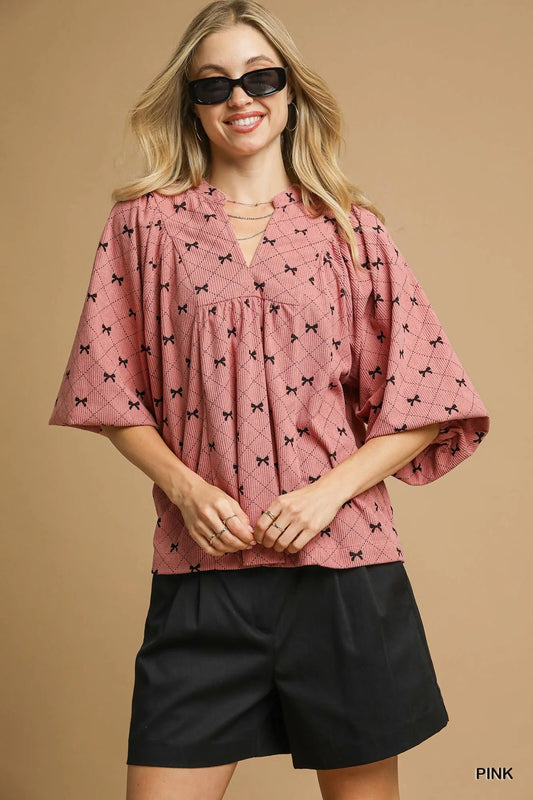 Bow Print Corduroy Balloon Sleeve Top
