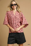 Bow Print Corduroy Balloon Sleeve Top