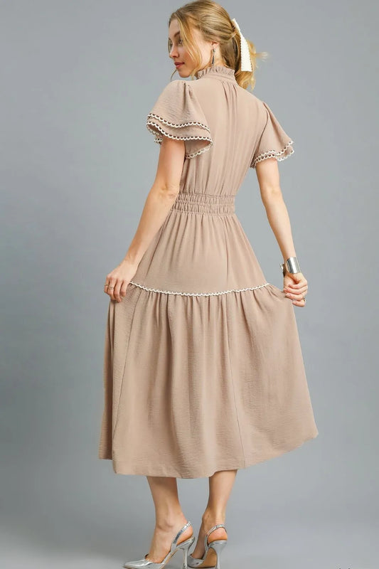 Embroidered Ruffle Sleeve Boho Midi Dress